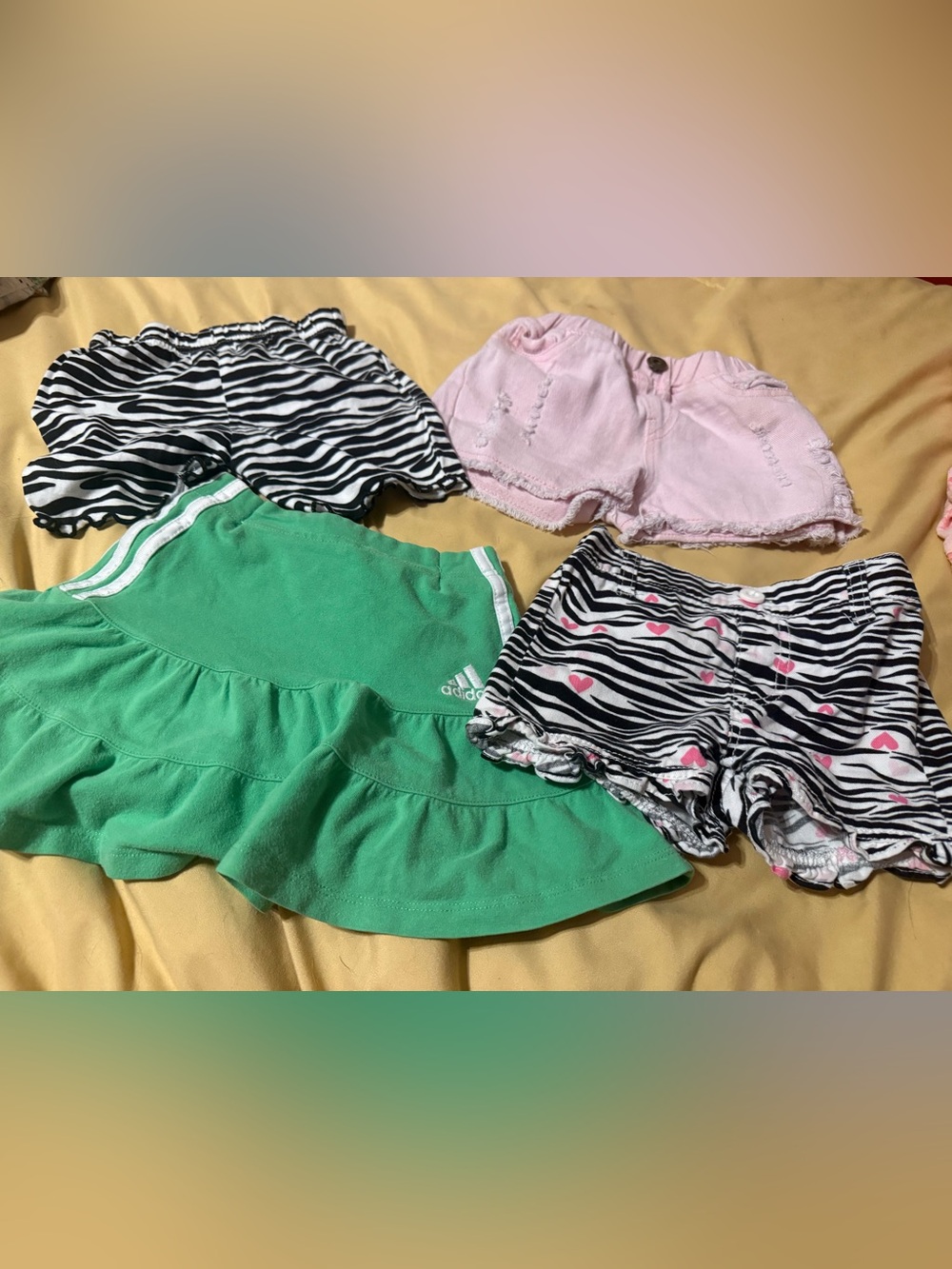 Lot of 4 24m and 2t girls shorts: adidas Green Skirt, pink jean shorts ,2 animal